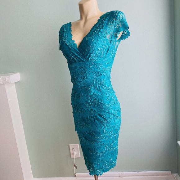 Greenish Blue Lace and Beaded Cocktail Party Dress . XS - Picture 1 of 9